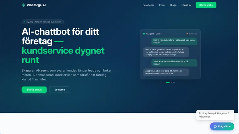VibeForge hemsida – AI-chattplattform för företag